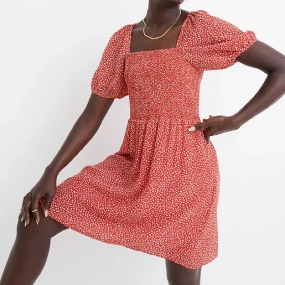 MADEWELL Silk Lucie Puff-Sleeve Smocked Mini Dress in Park Picnic, XXL $158 - Picture 1 of 12